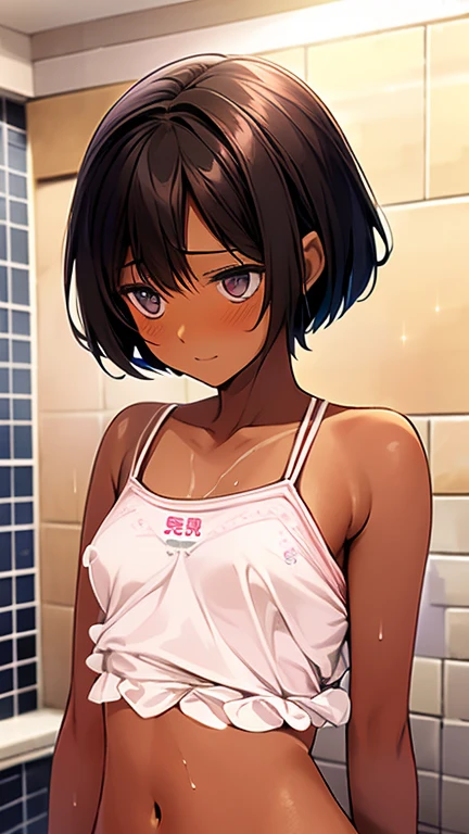 Highest quality、Realistic、、zoom、Primary school students、cute、Light grey eyes、Black Hair、short hair、Tanned brown skin、Dark Skin、Light pink bra with small character print、Light pink panties with small letters printed on them、Embarrassed laugh、Flat Chest、。Low length、Bust Shot、Shower room、