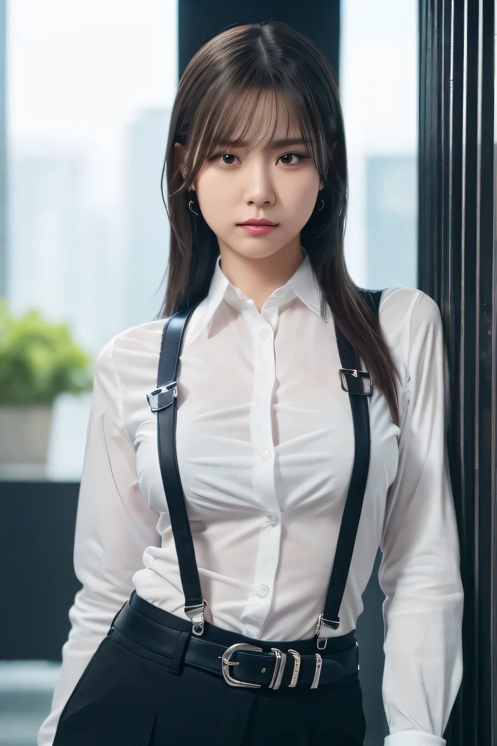 a woman in a suit, belt, hands behind back, sweating, suspenders, black pants, sexly, large breasts, see-through clothing, rain, detective, office worker, white button-up shirt, (best quality,4K,8k,highres,masterpiece:1.2),ultra-detailed,(realistic,photorealistic,photo-realistic:1.37),hyper-detailed,highly detailed face and body, Slender thin suspenders Moderate breasts See-through shirt Nipples holster chain Pistol Armament criminal Female criminal knife