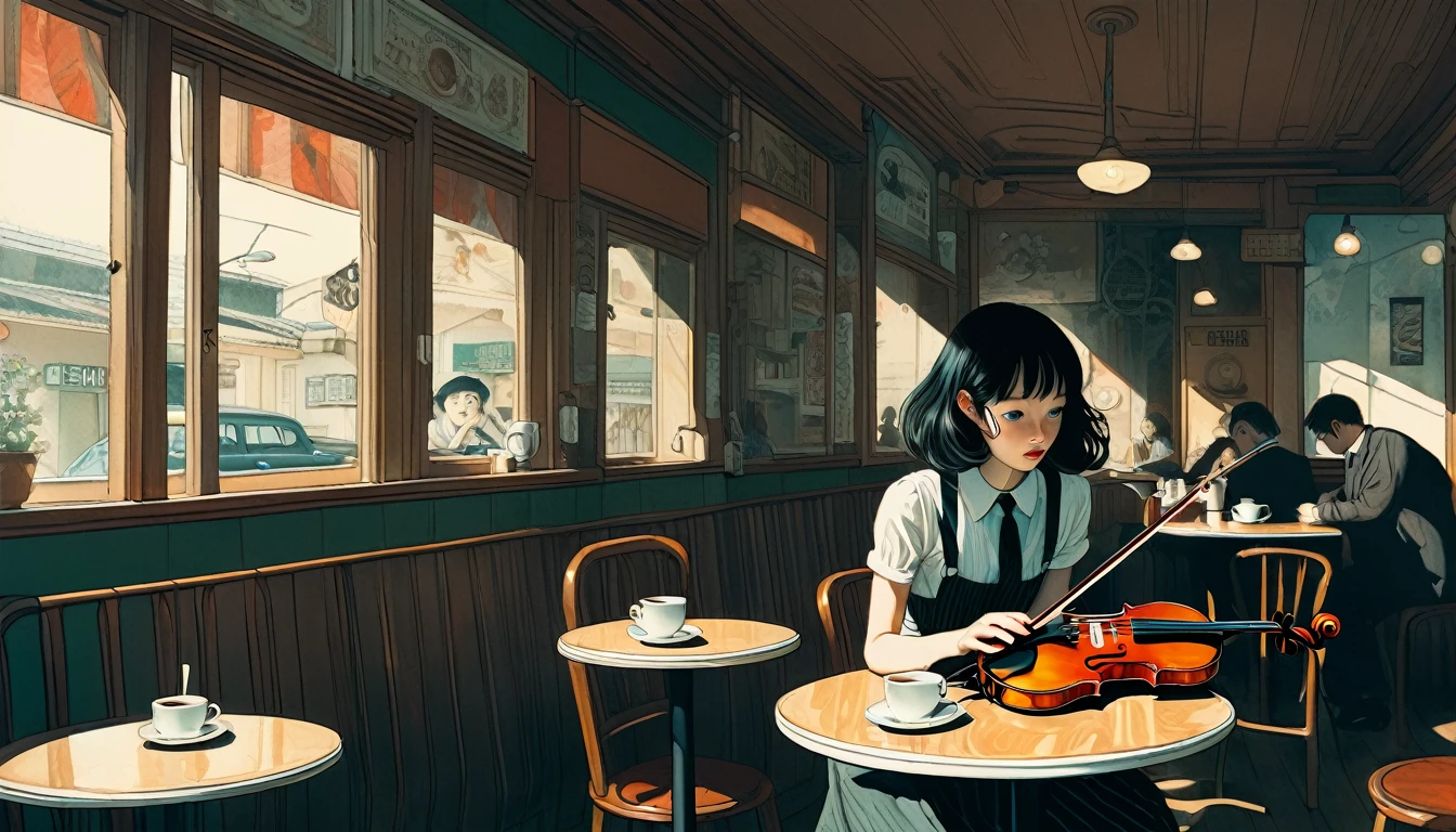 An illustration、art、Supervised by Junji Ito、Overaction、Overreaction、Pretending to be scared、Attention to detail, Realistic shadows、Analog Style, chromatic aberration, Surrealism、Cafe、violin