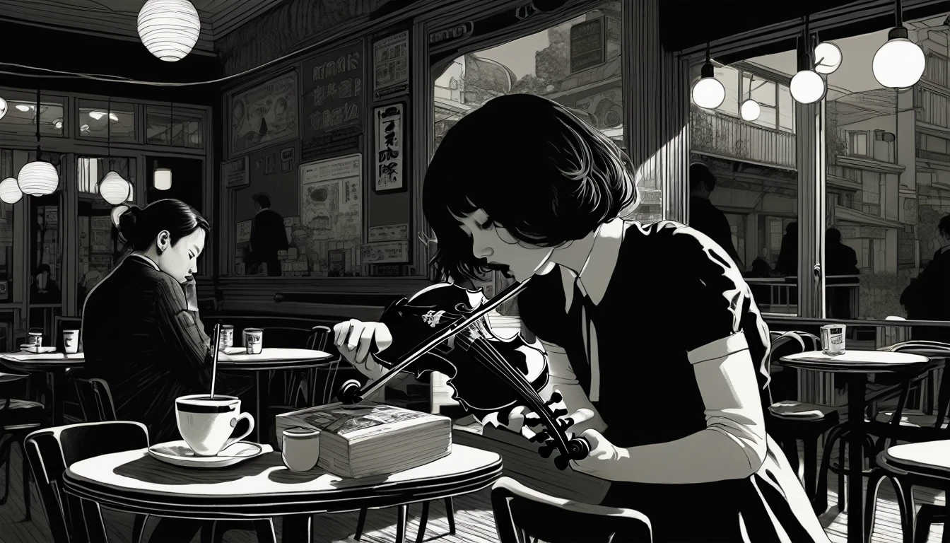 An illustration、art、Supervised by Junji Ito、Overaction、Overreaction、Pretending to be scared、Attention to detail, Realistic shadows、Analog Style, chromatic aberration, Surrealism、Cafe、violin