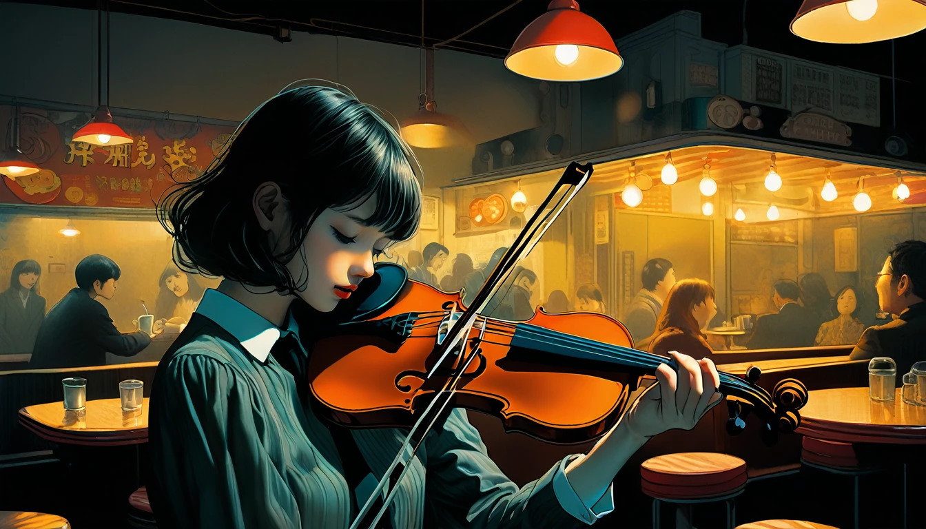 An illustration、art、Supervised by Junji Ito、Overaction、Overreaction、Pretending to be scared、Attention to detail, Realistic shadows、Analog Style, chromatic aberration, Surrealism、Cafe、violin