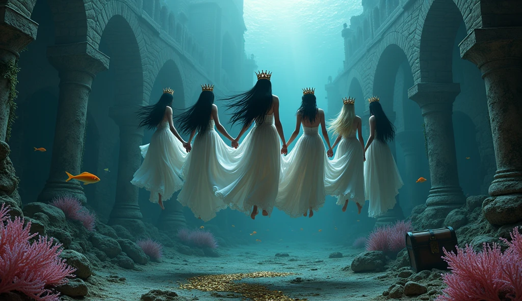 Extra wide angle 16:9. A super-realistic 18 y.o. beautiful queen sisters and friends mixed together, europeans. 3 queens are dressed in a black many layered medieval lace-dresses in many layered riven and flowing with gothic garnish. Hyper-realistic fine detailed human eyes 1:1, black long flowing hair with black crowns. 4 queens have light blonde long hair, wearing shiny-gold crowns with pink crystals, dressed in a white and pale pink lace, medieval dresses 1:1. All the queens have best perfect hands, five fingers on each hand, small breasts cleavage, (fine detailed perfect eyes 1:1). Hyper detailed skin on body 1:1. Their faces have perfect detailed skin 1:1. They are all floating in a dark deep sea above a((big medieval ballroom very old realistic 1:3) in an old gothic perished palace)) on the bottom of the sea. Night scene with only pale moonlight. On the bottom of the palace floor are pink corals. Sea moss. Bright colored blue, pink, orange, green fishes swimming around. Octopus. Treasure chest with gold coins and jewelry in it. A fantastic scene that uses 3D Surreal 3D model.The entire setup is masterpiece 1:3 framed with the grandeur of medieval gothic style. photographed in a Canon EOS R5, 50mm Lens, F/2.8, (8K)"