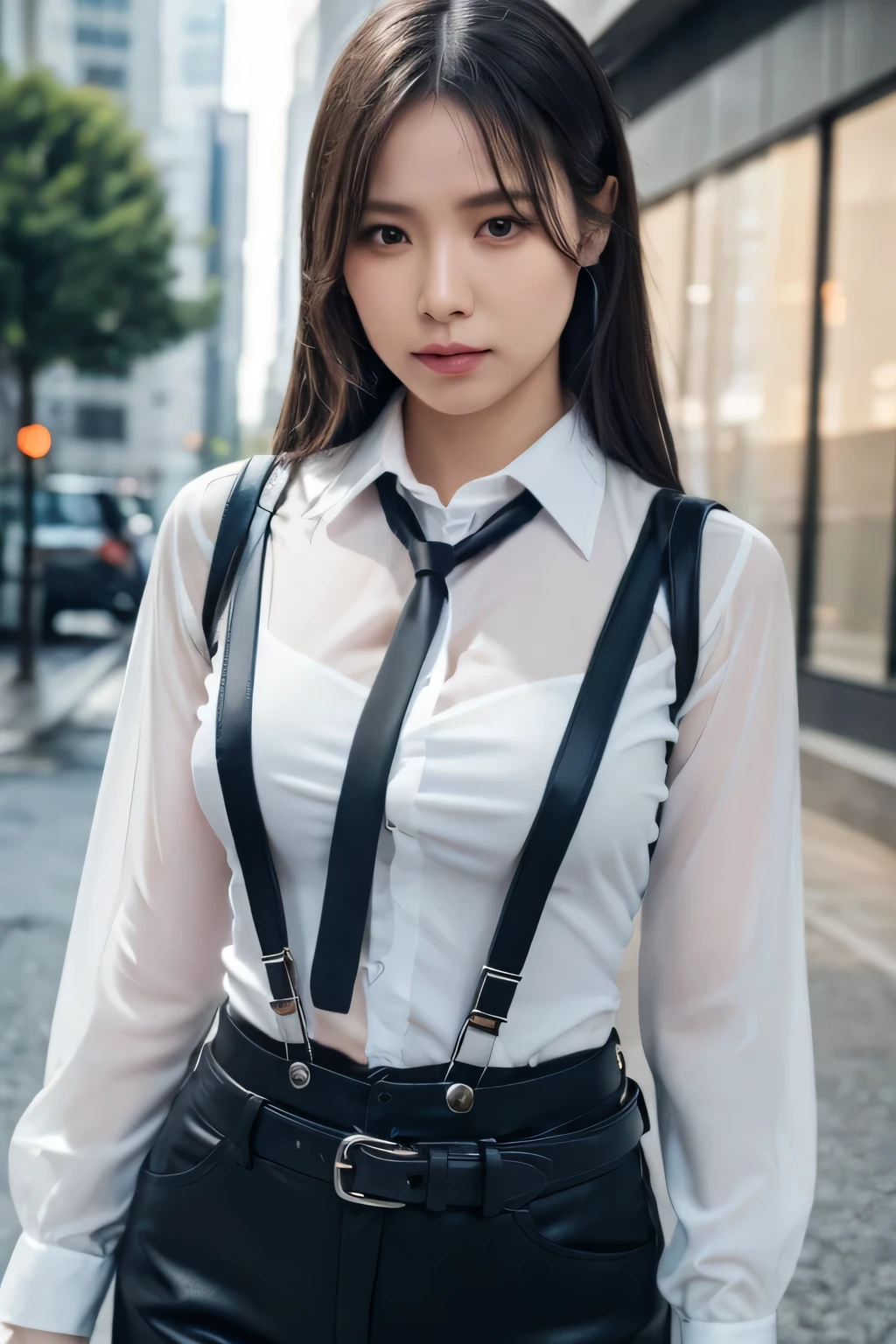 a woman in a suit, belt, hands behind back, sweating, suspenders, black pants, sexly, large breasts, see-through clothing, rain, detective, office worker, white button-up shirt, (best quality,4K,8k,highres,masterpiece:1.2),ultra-detailed,(realistic,photorealistic,photo-realistic:1.37),hyper-detailed,highly detailed face and body, Slender thin suspenders Moderate breasts See-through shirt Nipples holster chain Pistol Armament criminal Female criminal knife