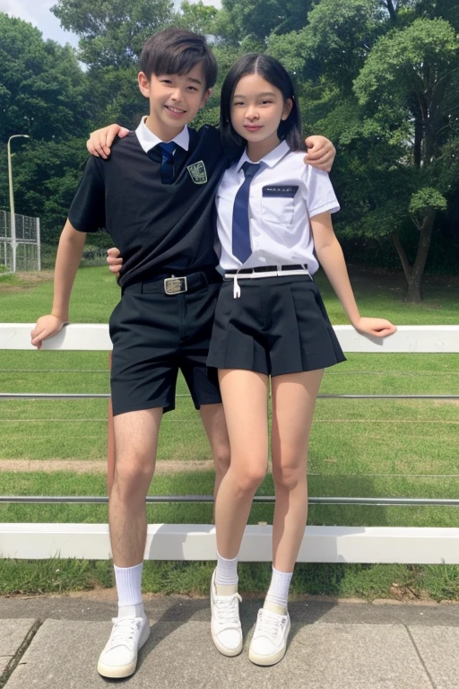 Sexy cute boy, and girl in his and her school uniform, a white shirt, tie, both wearing belts, and a very short black shorts that should have a very short length till his thighs, background greenery, standing with support of a railing, summers, his face should be of a boy kid, his pee should be more visible, he should be white, they both touch each other at their waist, the girl puts her hand inside the boy's shorts.