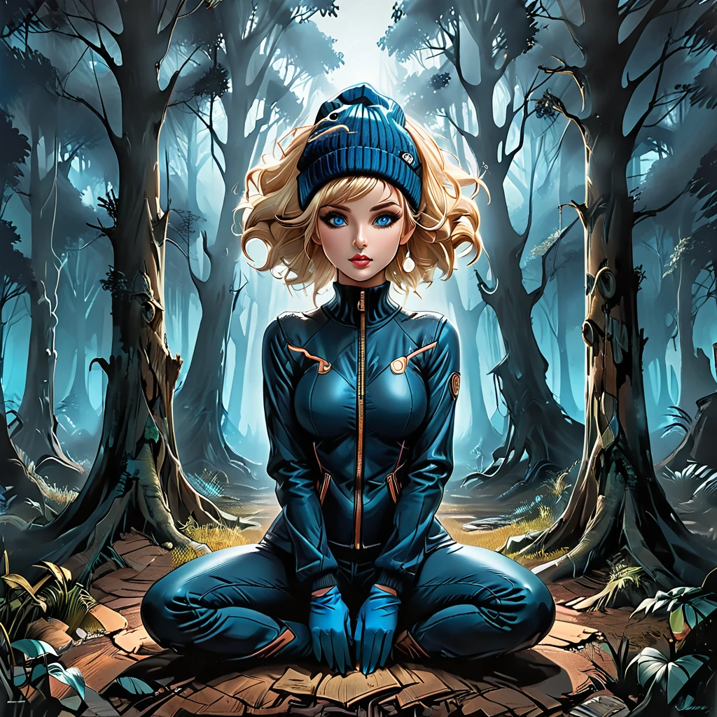 back view, giant dead tree, dark, dark atmosphere,  from the back ((girl in Blue zipped up down winter jacket and black turtleneck )) and (jeans) and blue gloves and (((blue winter hat)))) in a lotus pose in front of giant dead treel, tropical forest, night, adult, [Nordic], Hourglass elongated fitness body, perfect Olive skin, Oval Face, Long neck, Rounded shoulders, perfect hand, Attached Pointed ears, round forehead, (Short blonde Waves pixie hair), snub nose, Arched eyebrows, ((Monolid blue Eyes)), High Round Narrow cheekbones, Dimpled Cheeks, Rounded Chin, Rounded Jawline, Full nude Lips, (blue eyes), Nude Makeup Look, long eyelashes, third breast size, long slim fitness legs, graphic style of novel comics, perfect hands, 2d, 8k, hyperrealism, masterpiece, high resolution, best quality, ultra-detailed, super realistic, Hyperrealistic art, high-quality, ultra high res, highest detailed, lot of details, Extremely high-resolution details, incredibly lifelike, colourful, soft cinematic light,