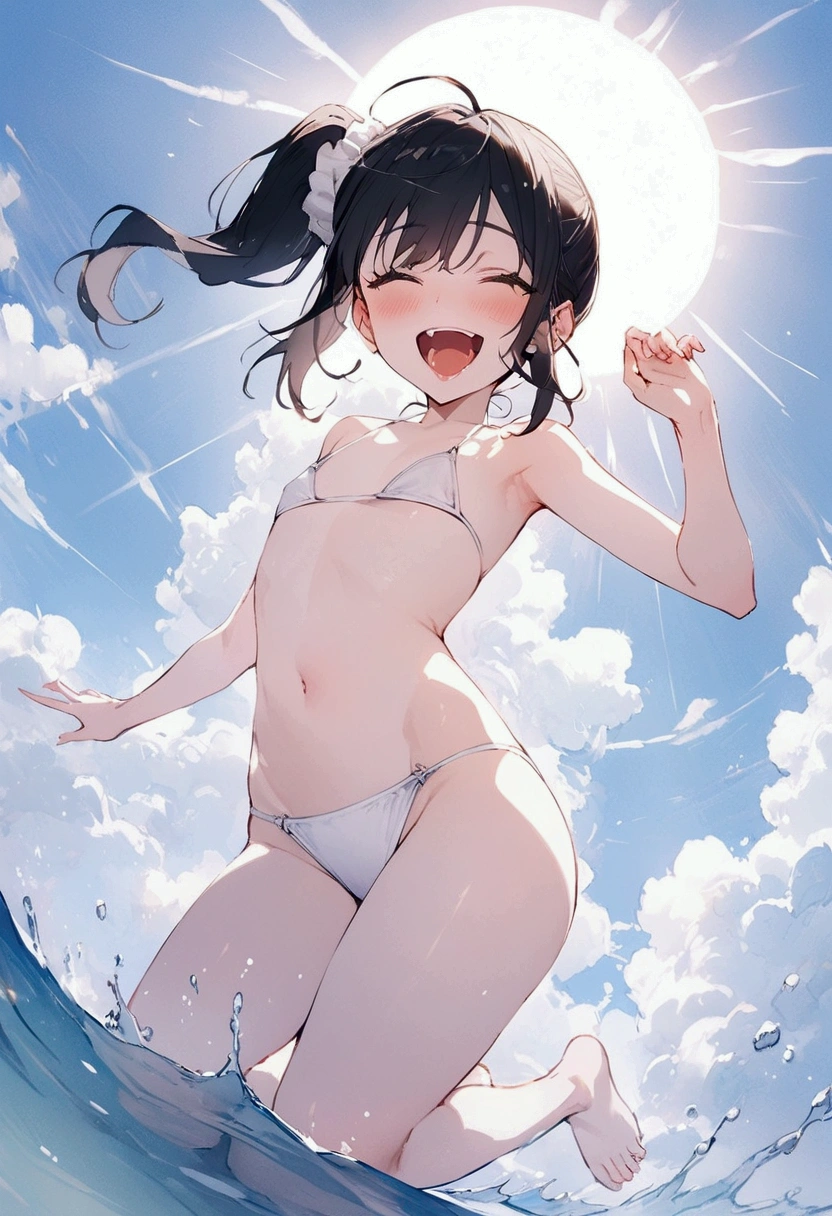 高いquality illustration, masterpiece, Very delicate and beautiful, masterpiece, Highest quality, High resolution, Very detailed, Perfect lighting、1 female、(Short side ponytail hair)、Black Hair、Flat Chest、White scrunchie、Full body portrait、Ocean、Sandy Beach、sun、White cloud、Laughing with your mouth open、(White micro bikini swimsuit)、feet、Thigh、View from below、feetを広げる