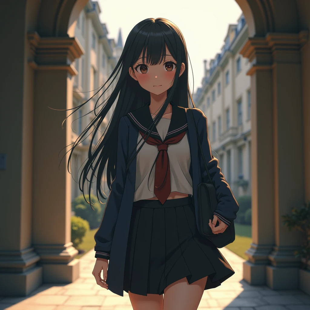 A studen with long black hair, university uniform, wearing casual clothes. She has a curious and gentle expression, cinematic style