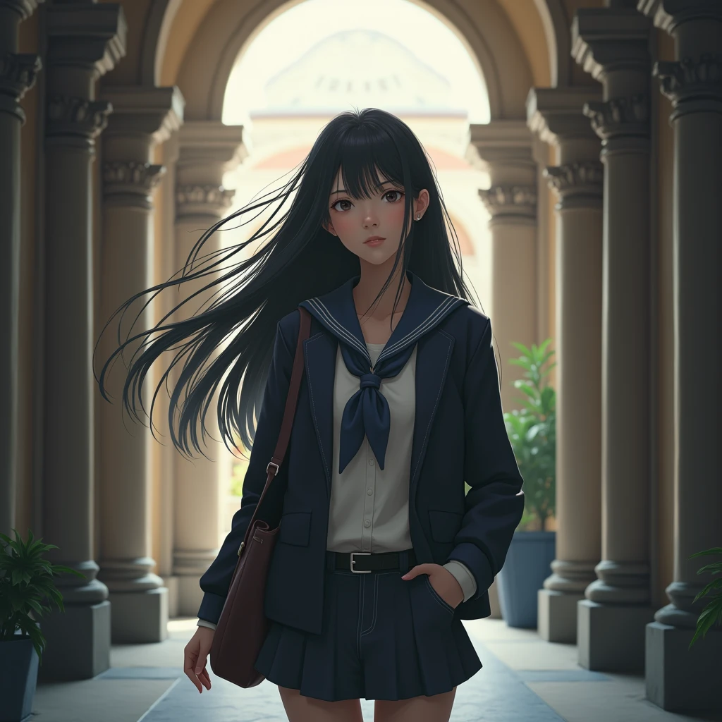 A studen with long black hair, university uniform, wearing casual clothes. She has a curious and gentle expression, cinematic style