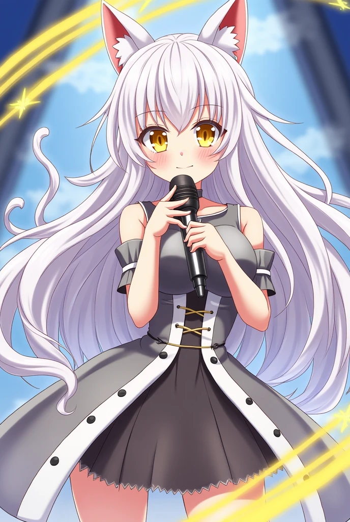 magic girl and a famous idol with long white hair and cat ear and tail, yellow eyes, holding a microphone, waring a skirt
