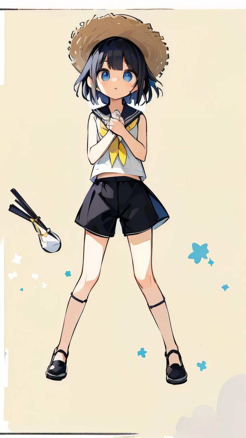 Highest quality、Masterpiece、(Black medium hair:1.5)、(Sleeveless、Sailor collar、White shirt:1.2)、(high-waisted shorts:1.2)、black culottes、(Petite、:1.3)、flat body、Yellow ribbon、Blue Eyes、Straw hat、