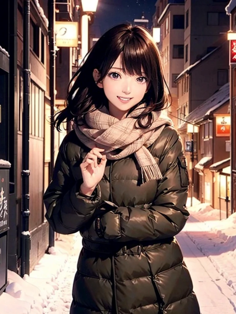 High resolution, 8k, Highest quality, detailed, Semi-realistic anime, Anime 3D Style, Smooth anime CG, One Girl, A 20-year-old Japanese woman, slim, Modeled, Shiny brown hair, detailedな顔, Beautiful and detailed, Glowing Skin, Hard Focus、Film Grain, Soft lighting, Looking at the audience, Laughter, (A woman dressed warmly in a down jacket and scarf), A quiet city street covered in snow、Night view of an alleyway with street lights