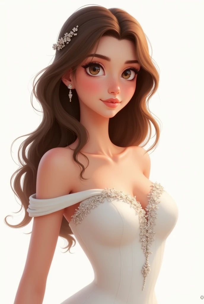 princesselise, stark, brava, feminine, femininity, white, medium brown hair, long hair, Wavy hair, medium brown eyes, nose hand is thin, sexy princess dress, White, few freckles on the nose, not very thin, round face, drawning, animation, Round face