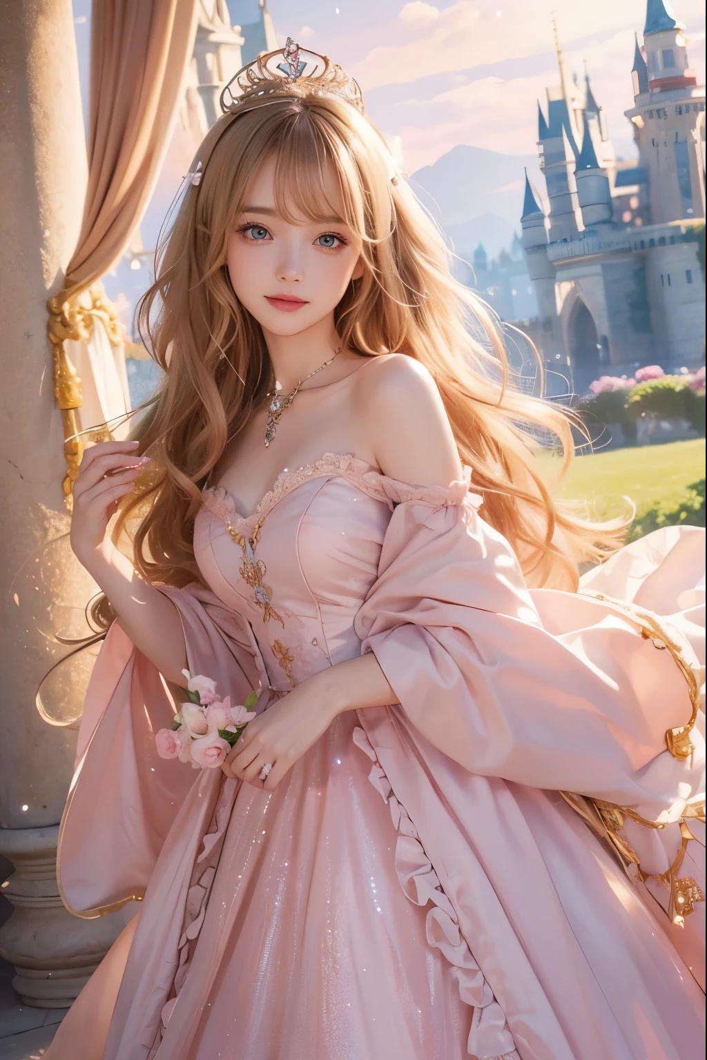 brown-blonde hair, curls in hair, golden crown, pink dress, bare shoulders, frills on dress and sleeves, walking regaly, holding pink rose in one hand, spinning wheel in background, inside a castle, beautiful castle, detailed background, masterpiece, something mysterious in castle, calm vibe, mysterious mood, smiling softly, sleepy, light filters in through castle windows, daytime, pink soft heels, golden jewelry, pink fingernails, girl, solo, detailed art, oil painting, anime, soft sleepy mood, beautiful girl, beautiful art, facing viewer, long rose colored cape, dark blue eyes, shinning eyes, detailed eyes, pink fox ears, big bright beautiful eyes, standing further from viewer, beautiful detailed skin, beautiful detailed skin , full body, incredibly detailed, , hair ornament, facing viewer, incredibly detailed, masterpiece, bright pupils, new, ai generated, perfect lighting, perfect_anatomy, better hands, more details, detailed background, light particles, best quality, canvas, painting, vibrant colors, detailed background, fierce look, sharp focus, hair ornament, facing viewer, gem,sparkle,more details, 8k quality,high resolution, more detail , 4kwallpaper, soft blush, sweet smile,shadows, gem,sparkle, star \(symbol\), , standing further from viewer ,close-up,crystal, eye focus, gem,sparkle, star \(symbol\), ,Maccha Artstyle, pastel \(medium\), soft, pastel color palette, soft color palette, detailed style, cute, bright colours, shiny, sparkly eyes, detailed background, fine lineart, detailed shadows, detailed style, clean lineart, detailed lights