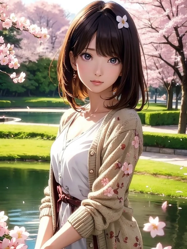 High resolution, 8k, Highest quality, detailed, Semi-realistic anime, Anime 3D Style, Smooth anime CG, One Girl, A 20-year-old Japanese woman, slim, Modeled, Shiny brown hair, detailedな顔, Beautiful and detailed, Glowing Skin, Hard Focus、Film Grain, Soft lighting, (A woman wearing a floral dress and cardigan),A spring park with cherry blossom petals falling、Enjoying a picnic by the pond