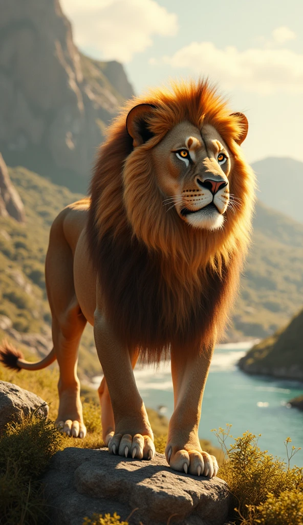 Generate an ultra realistic 8k image of a beautiful and big strong lion in a beautiful place
