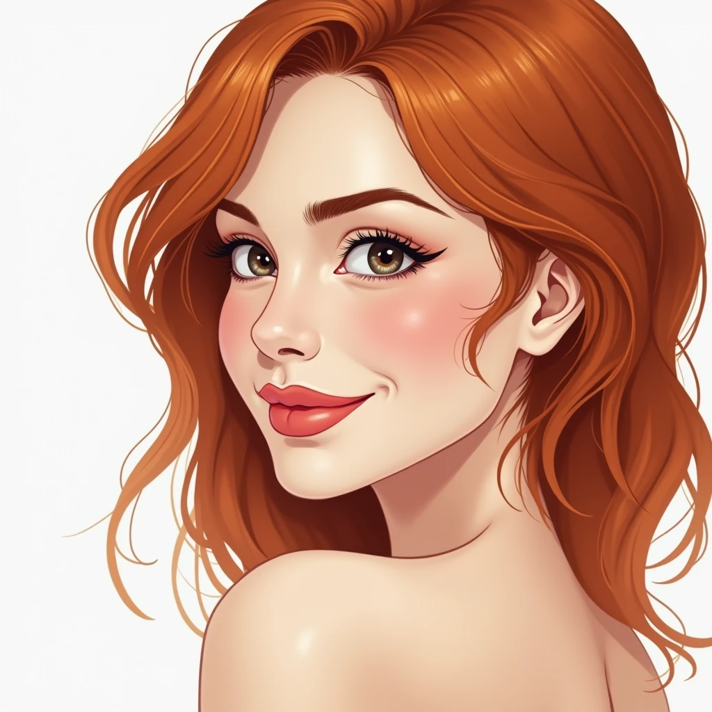 large close-up of the sexy woman's face over the entire surface, woman in profile, red-haired, smiling, looking at the camera, the whole face is sharp, it is on a white background,