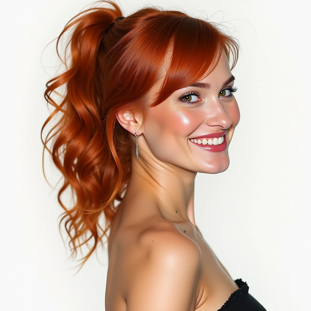 large close-up of the sexy woman's face over the entire surface, woman in profile, red-haired, smiling, looking at the camera, the whole face is sharp, it is on a white background,