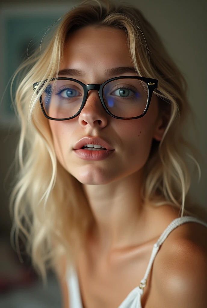 can you generate me an image of a girl with blond hair with excess sebum, big square glasses rounded on the side and wipes on the glasses, a unibrow, a big nose, a beauty spot on the right lip and with lots of stinky boogers, naked , sitting in me , Ride me, topless ,bedroom