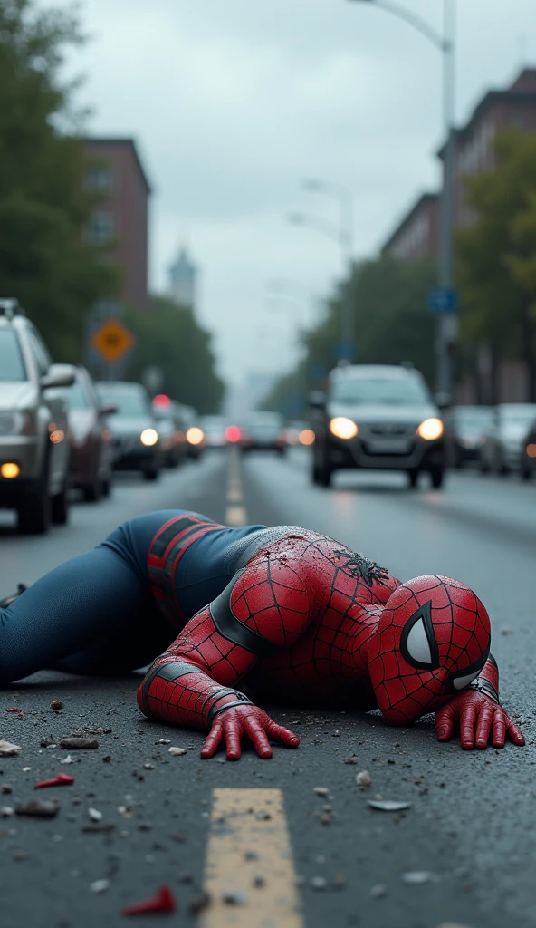 In this image, Spider-Man is lying on the road near a broken motorcycle, suggesting that he has been in an accident. Cars are visible on both sides of the road, and the sky is cloudy, adding to the serious atmosphere. The scene is very emotional and concerning, as it shows Spider-Man in a difficult situation.