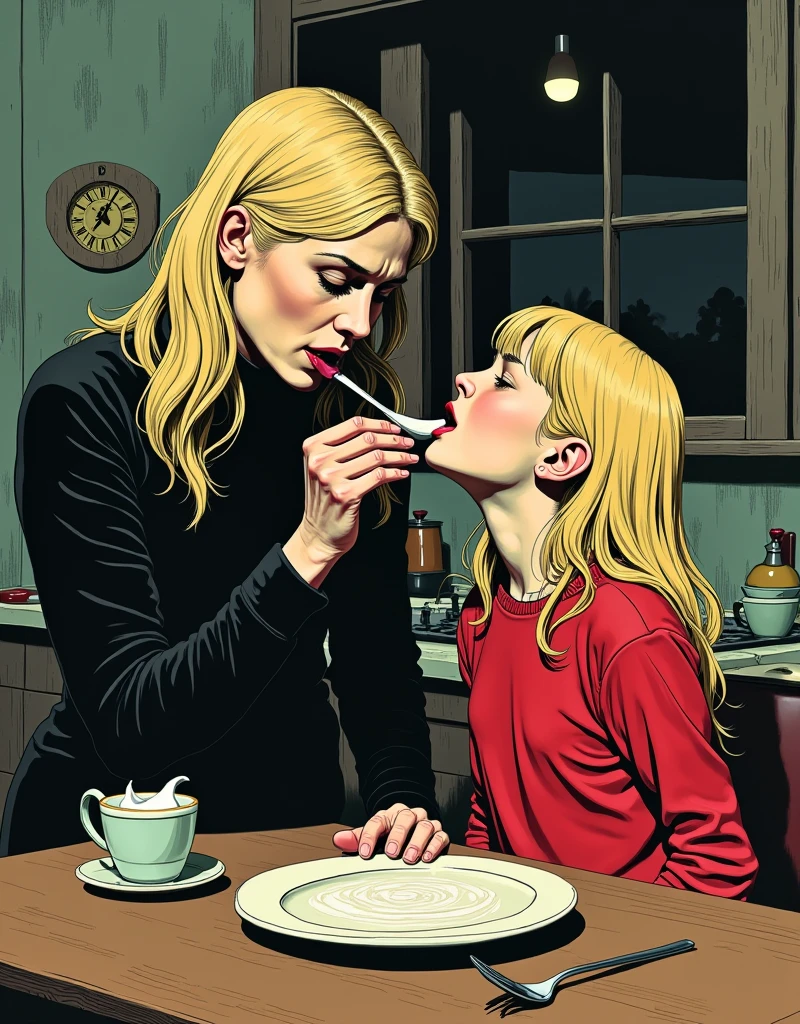 Norwegian mother letting yogurt drip in to her teenage daughter's open mouth, kitchen window, table, vivd lurid colors, mother is wearing black, daughter is wearing red, very blond hair, style of Euro Fumetti comic books, HD, 8x, intricate, retro,