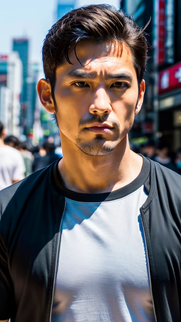 Photorealistic, 8K full-body poster, Handsome man, Japanese, 1 male, Serious expression, Sharp Eyes, Attractive look, Detailed facial details, muscle, Tokyo, summer, T-Shirts, Shibuya in the background