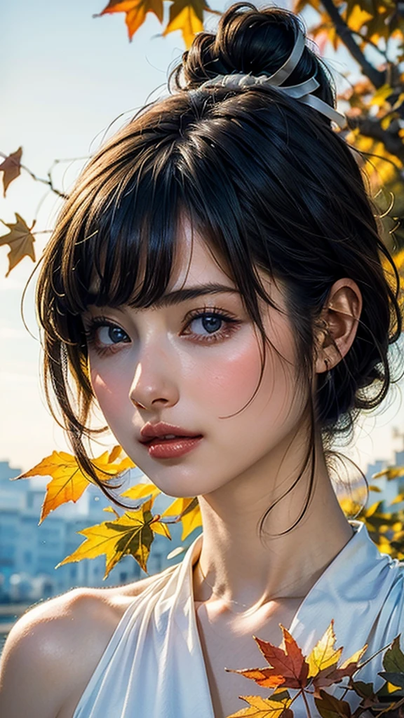 (8k, Highest quality, masterpiece:1.2),(Highest quality:1.2), (Ultra-high resolution:1.0), watercolor, Beautiful woman, shoulder, Hair Ribbon, Agnes Cecil, Half Body Portrait, Very bright and luminous design, pastel colour, (ink:1.3), Autumn Light,