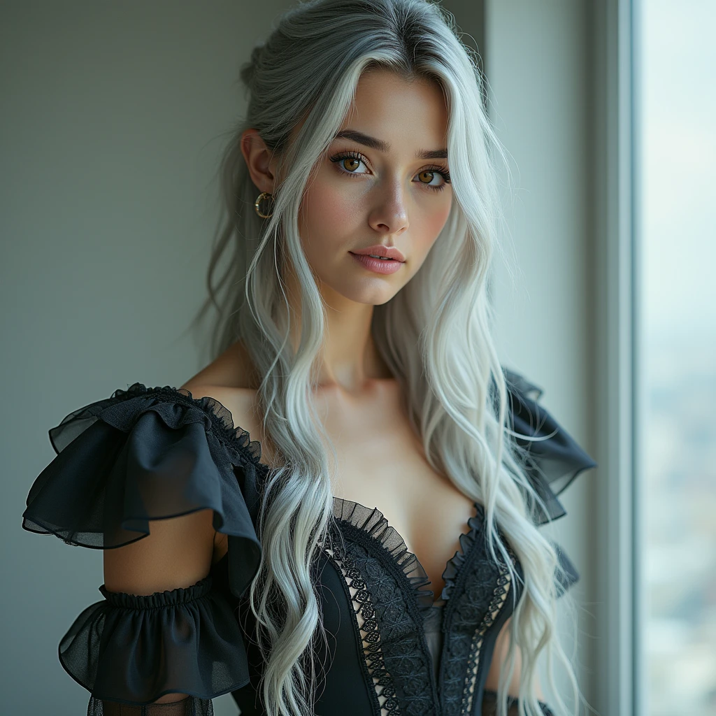 Has light brown eyes and long silver hair,High nose bridge,Thin lips,The young woman was wearing a very strange dress,Ultra-high-resolution photos,Professional photography