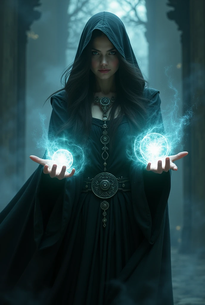 A Woman with light orbs in her hand and surrounded with dark energy and she has a dark clothes with cloak and dress and