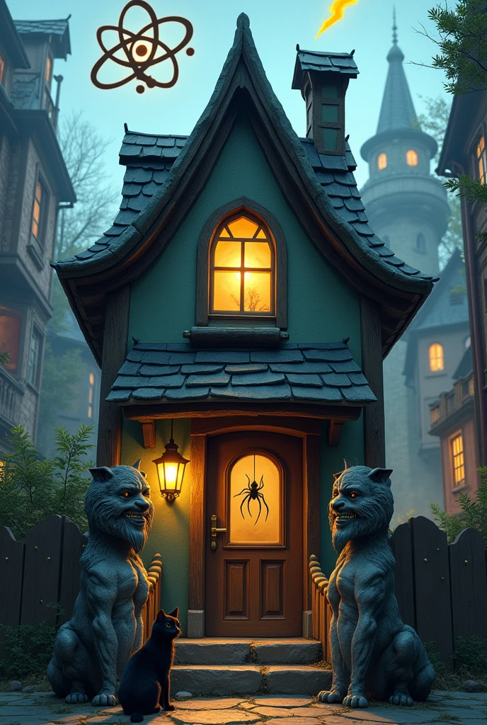 Maison dans une ville avec deux gargouilles à l'entrée, avec une fenêtre ronde, un chat noir juste devant et une araignée derrière avec un atome au-dessus de la maison et un éclair