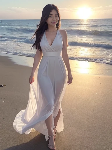 Japanese female, (underweight), (medium bust best quality:1.5), 30 years old, (cheerful grin:1.0), beach, walking, long hair, (evening dress), (beach), (Backlit:1.2), (full body shot), ground-level shot,
