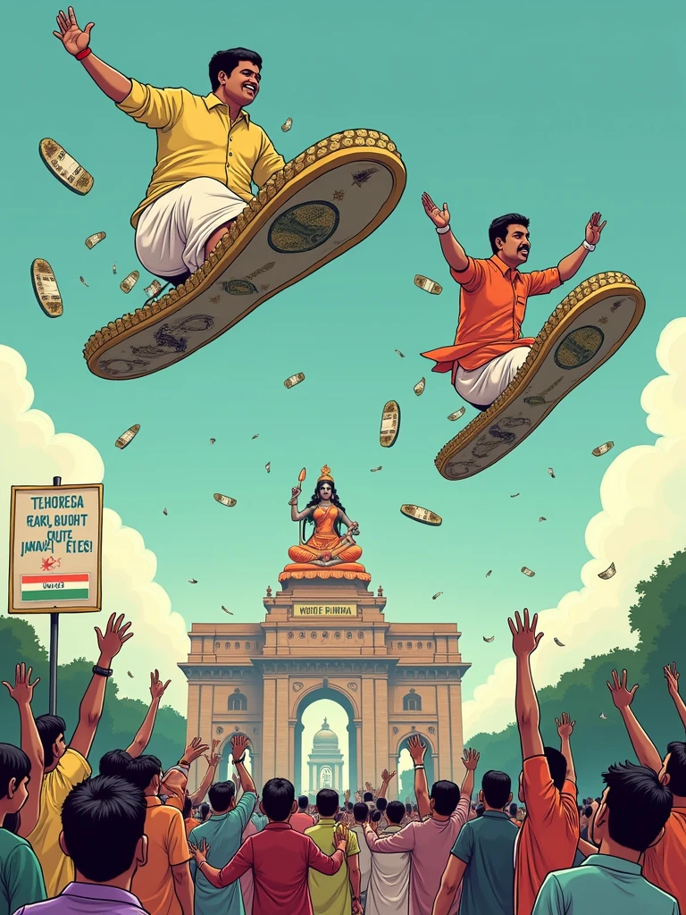 Create a comical image of TMC politicians flying over Kolkata on giant chappals (sandals) made of currency notes. Below them, the citizens are throwing back their own chappals, trying to bring them down. The backdrop features Kolkata’s skyline, complete with the Victoria Memorial and a Durga idol holding a "Vote for TMC" placard instead of traditional weapons.