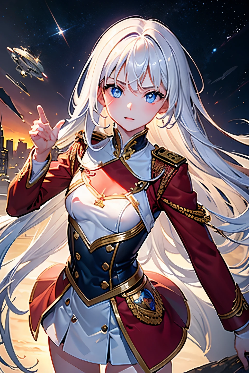 masterpiece,Highest quality,Very detailed,16 talented beautiful girls,Small breasts,White straight hair,Perfect Blue Eyes,very cute,Red military uniform,Sci-fi giant space city
