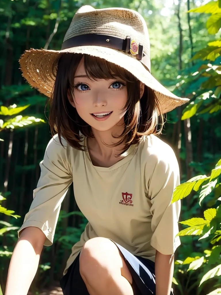 High resolution, 8k, Highest quality, detailed, Semi-realistic anime, Anime 3D Style, Smooth anime CG, One Girl, A 20-year-old Japanese woman, slim, Modeled, Shiny brown hair, detailedな顔, Beautiful and detailed, Glowing Skin, Hard Focus、Film Grain, Soft lighting, Looking at the audience, Laughter, (A woman wearing outdoor clothing and a hat), In the vast forest、A hiking trail bathed in sunlight filtering through the trees