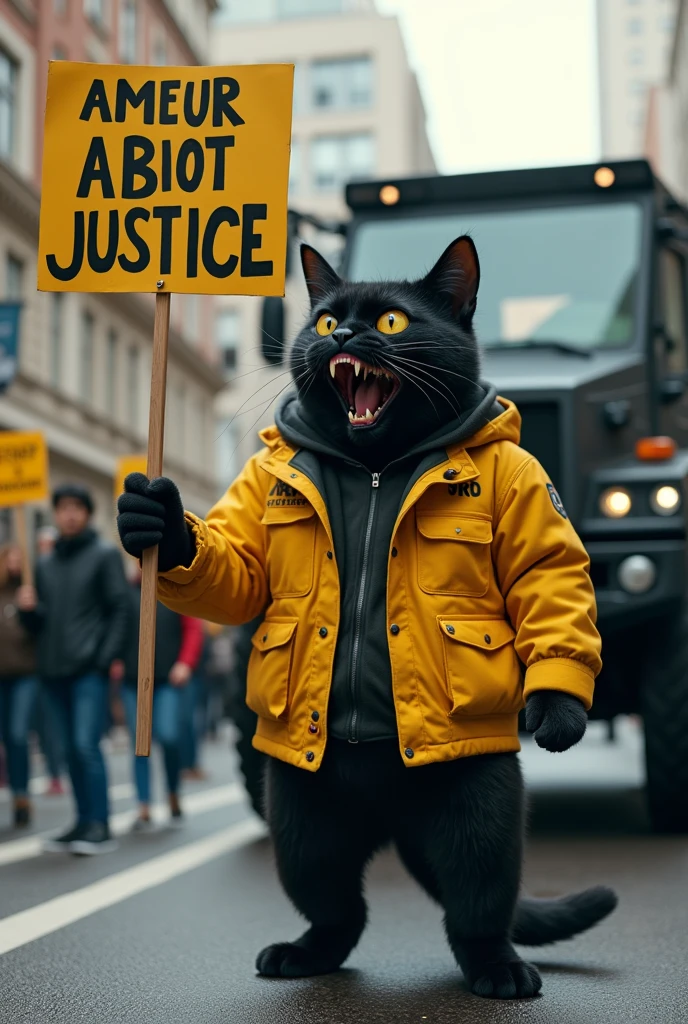 A surreal scene featuring a black cat with a human-like body but a cat's head, participating in a protest. The cat is a student, dressed in a yellow university jacket (almamater), standing on the street next to an armored truck. The cat's face is fiercely expressive, showing an intense, ferocious, and aggressive look, with sharp eyes, bared fangs, and a snarling expression as it demands justice. The background includes urban elements like buildings and other protest signs, adding to the intensity of the scene. The atmosphere is tense, with a mix of realism and surrealism.