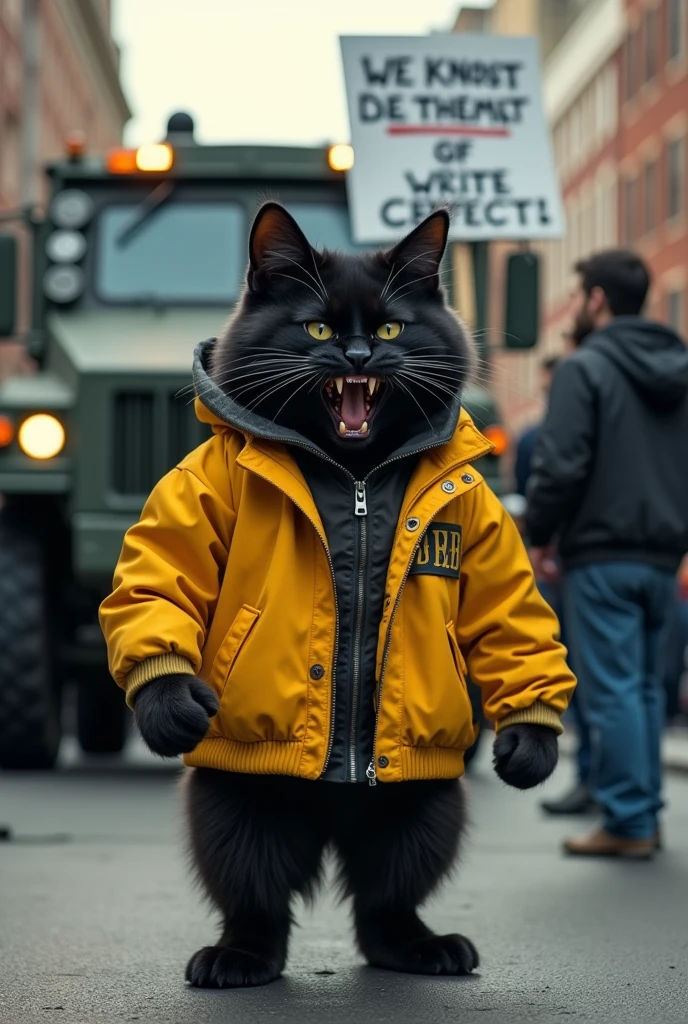 A surreal scene featuring a black cat with a human-like body but a cat's head, participating in a protest. The cat is a student, dressed in a yellow university jacket (almamater), standing on the street next to an armored truck. The cat's face is fiercely expressive, showing an intense, ferocious, and aggressive look, with sharp eyes, bared fangs, and a snarling expression as it demands justice. The background includes urban elements like buildings and other protest signs, adding to the intensity of the scene. The atmosphere is tense, with a mix of realism and surrealism.