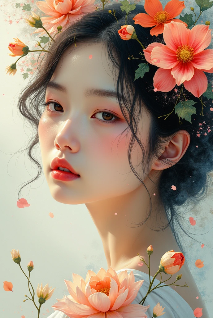 make an abstract image of a korean girl, flower