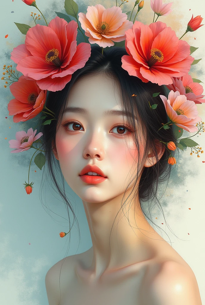 make an abstract image of a korean girl, flower