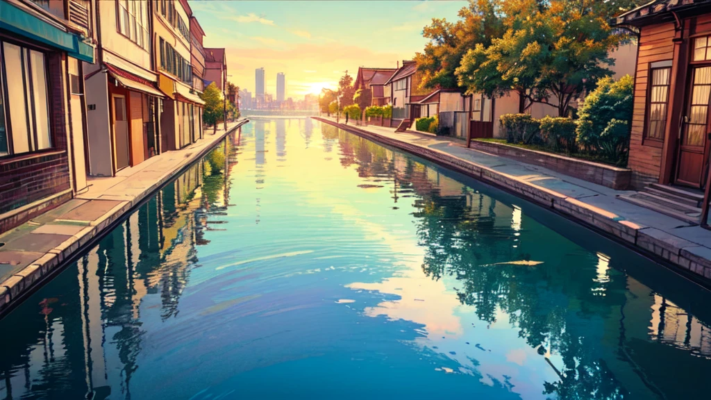 (masterpiece, Highest quality:1.3), (Flat Color:1.3),(colorful:1.3),View your viewers,One person,alone,floating colorful water,(2D:1.3), Hatsune Miku,Sunrise, Streets, Sunshine