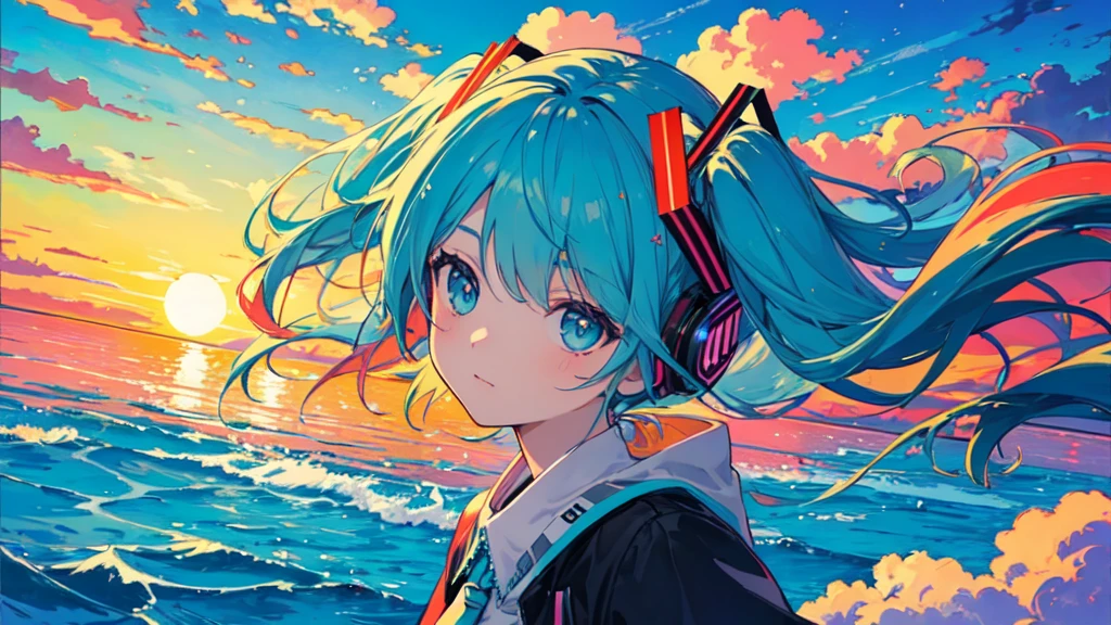 (masterpiece, Highest quality:1.3), (Flat Color:1.3),(colorful:1.3),View your viewers,One person,alone,floating colorful water,(2D:1.3), Hatsune Miku,Sunrise, Streets, Sunshine