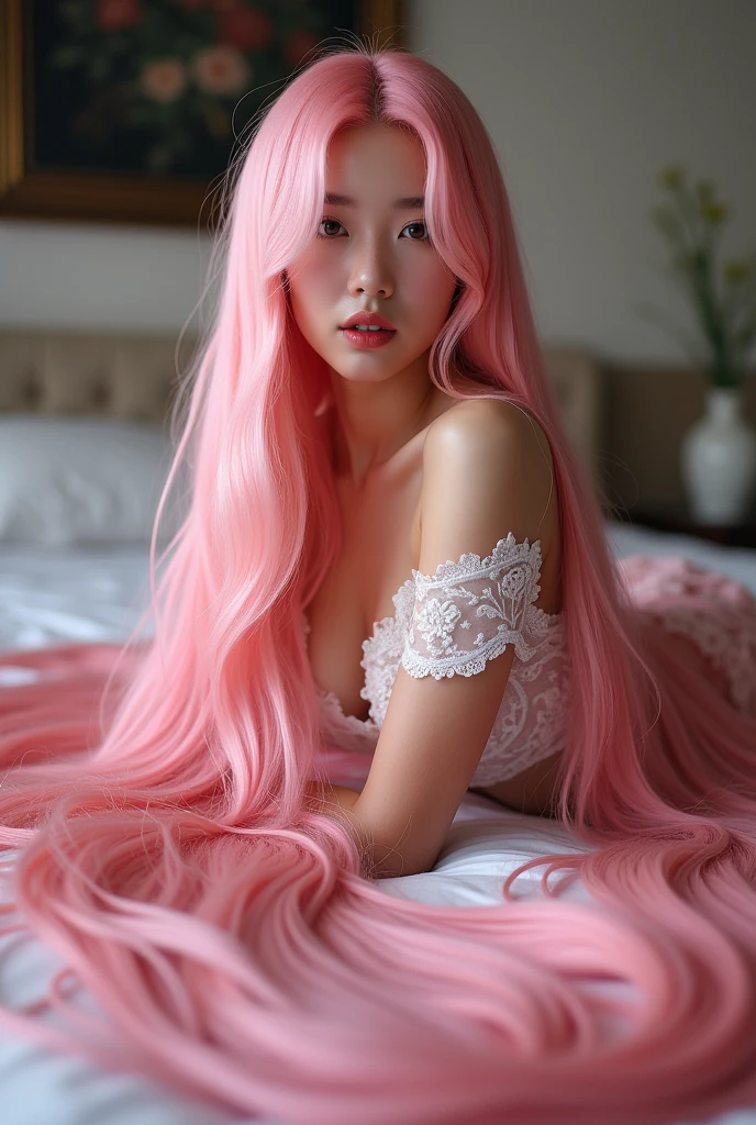Pretty Asian women、Full body phto、Taken from about 4 meters away、ultra-realistic、The longest pink hair in the world、Hair longer than Rapunzel、((She has very long pink hair that covers her entire body)).、Hair that is shampooed every day is so beautiful、I's hair isバラの香りがして、My very long pink hair makes me look sexy.、My charm is my long ponk hair、Long pink hair is a symbol of beauty、I'I am proud of my long black hair、This long hair length and volume is admired around the world.、Her very long black hair is fanned out、Smooth black hair that flows from shoulders to floor、I have a lot of hair、Cover the entire bed with hair、Hide your hands with your long hair、Hide your fingers with your long hair、A storm of black hair about to overflow from the screen、,Full body photo,超Super long hair、naked、the most Beautiful Hair in the world、Lie on your back in bed from flower、Long hair covering her vagina,wear red lingerie flower motif,Cover the whole body with straight hair、Very beautiful face、beautifully styled black hair、Very large amounts of hair、Super long hair that accentuates femininity'sexly、Slim figure、Beautiful and shiny hair、Bright lighting、Professional Lighting、Full body photo、Black hair contest winner、the place is a bedroom from flower、My hair is reaching the floor of flower and dragging、Full of pink hair、She is leaning on the bed from flower, Show off your long hair.、The bed from flower is full of hair、Long pink hair covers the whole body、Super long hair、Best image quality、highest quality、Highest Resolution、Ultra-realistic photos、Full body photo、1 girl、Very beautiful face、 Real Photo、Live-action,((large breast:1.6),((pose looking back over shoulder))