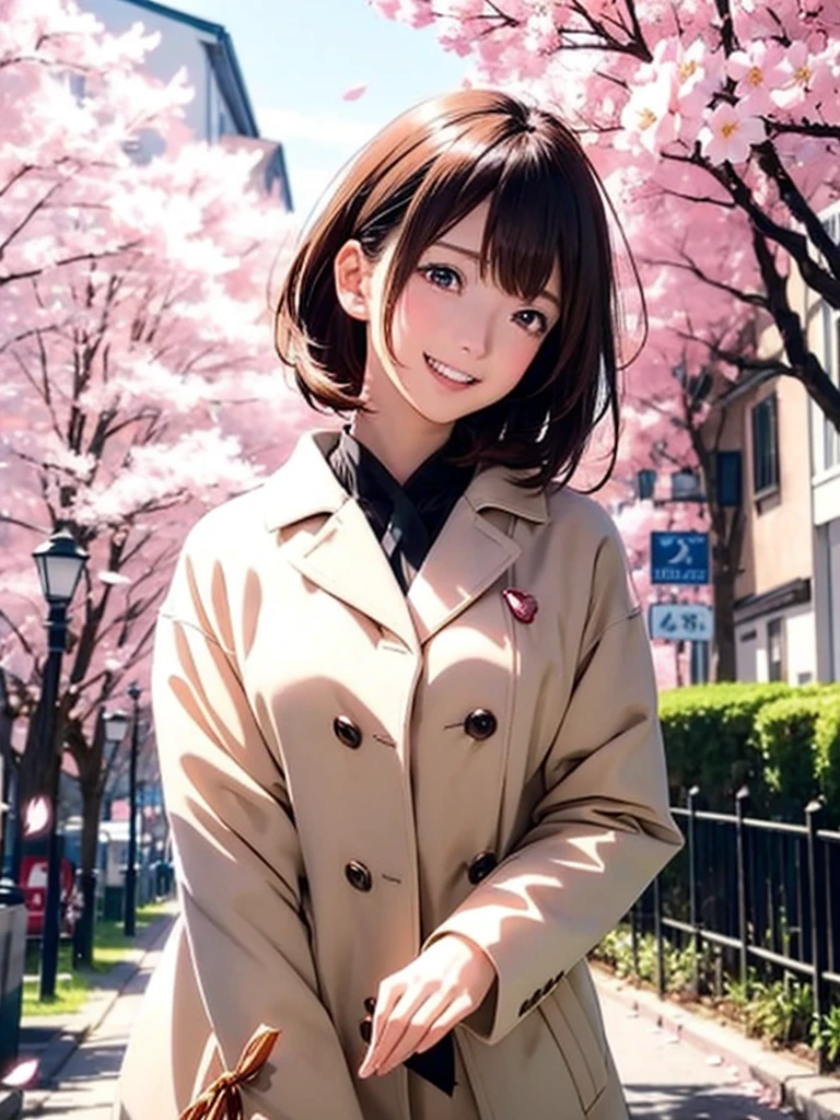 High resolution, 8k, Highest quality, detailed, Semi-realistic anime, Anime 3D Style, Smooth anime CG, One Girl, A 20-year-old Japanese woman, slim, Modeled, Shiny brown hair, detailedな顔, Beautiful and detailed, Glowing Skin, Hard Focus、Film Grain, Soft lighting, Looking at the audience, Laughter, (A woman wearing a light-colored casual coat), A street lined with cherry blossoms in full bloom、Pink petals falling