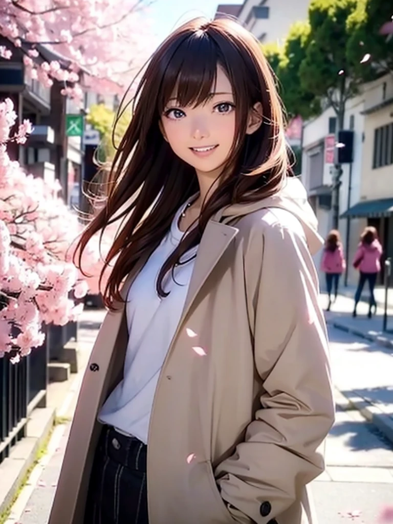 High resolution, 8k, Highest quality, detailed, Semi-realistic anime, Anime 3D Style, Smooth anime CG, One Girl, A 20-year-old Japanese woman, slim, Modeled, Shiny brown hair, detailedな顔, Beautiful and detailed, Glowing Skin, Hard Focus、Film Grain, Soft lighting, Looking at the audience, Laughter, (A woman wearing a light-colored casual coat), A street lined with cherry blossoms in full bloom、Pink petals falling