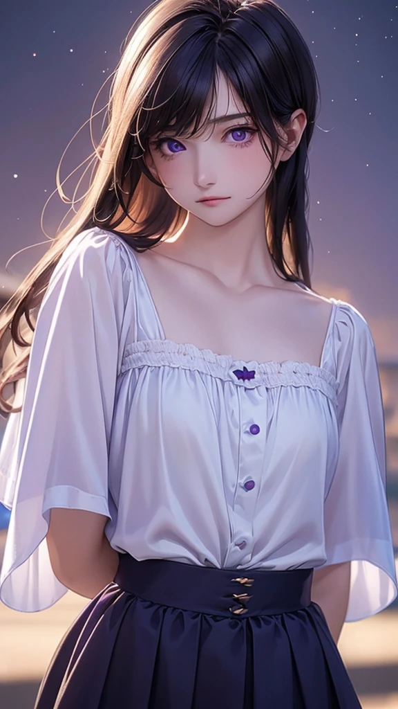 (Highest quality、8k、32K、masterpiece)、(Realistic)、(Photorealistic:1.2)、(High resolution)、Very detailed、masterpiece, Highest quality, 1 person , Long Hair, Purple eyes, Stars in my eyes , (((Small breasts)))、Strapless blouse, Long skirt