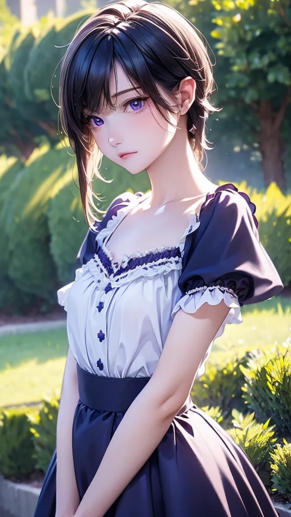 (Highest quality、8k、32K、masterpiece)、(Realistic)、(Photorealistic:1.2)、(High resolution)、Very detailed、masterpiece, Highest quality, 1 person , Long Hair, Purple eyes, Stars in my eyes , (((Small breasts)))、Strapless blouse, Long skirt