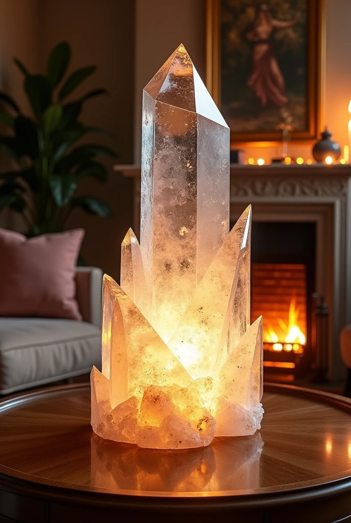 Create a realistic crystal that stands in a living room in front of a fireplace on the coffee table