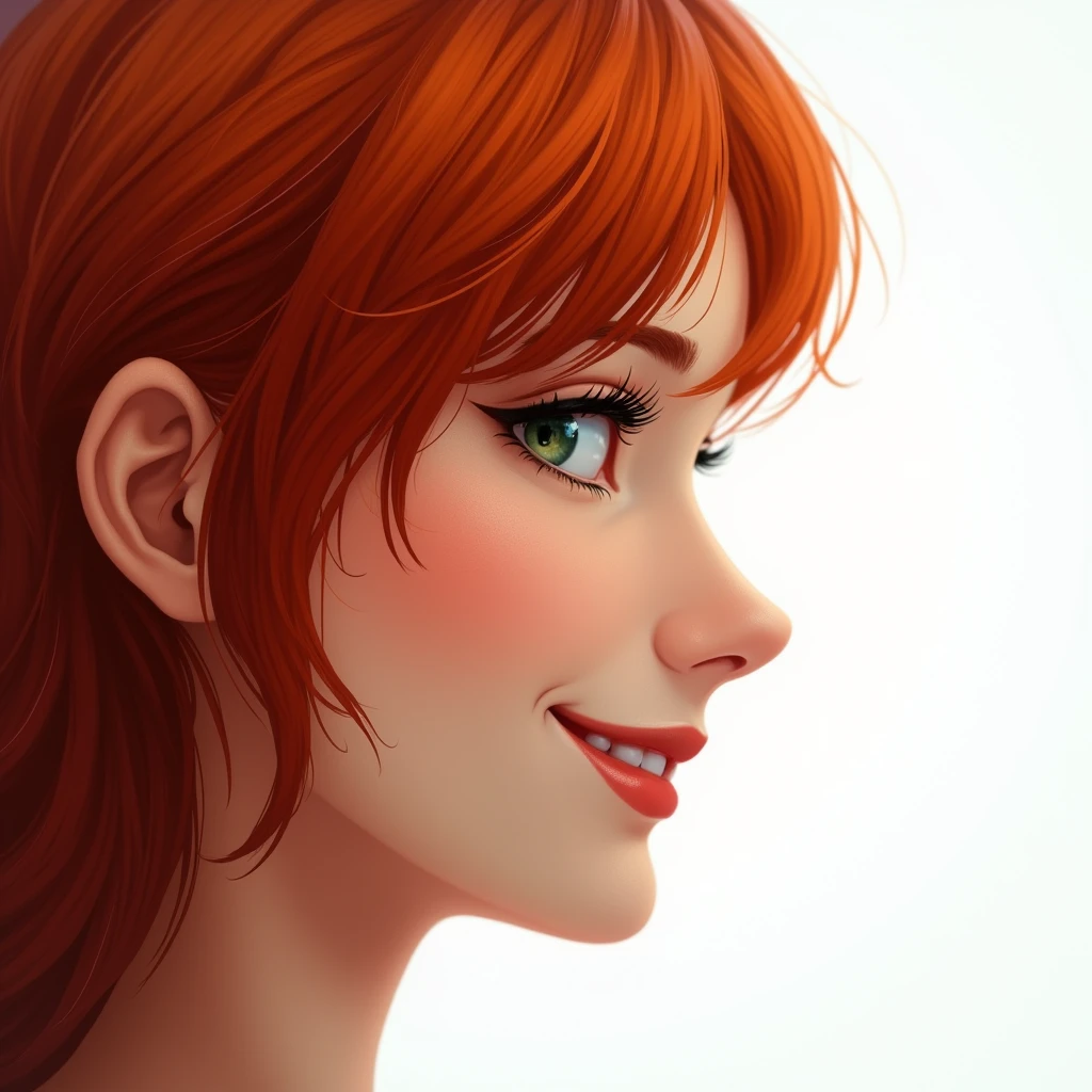 large close-up of the woman's face over the entire surface, woman in profile, red-haired, smiling, looking at the camera, the whole face is sharp, it is on a white background