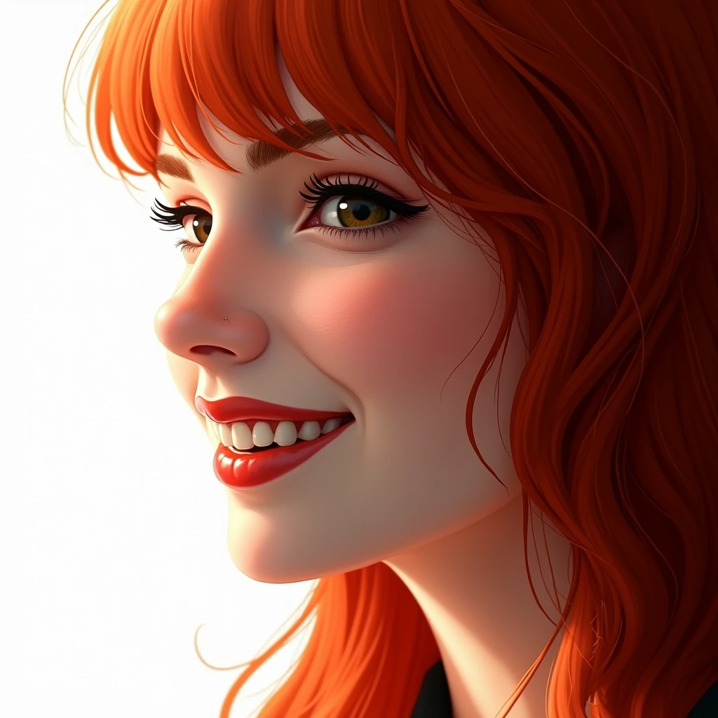 large close-up of the woman's face over the entire surface, woman in profile, red-haired, smiling, looking at the camera, the whole face is sharp, it is on a white background