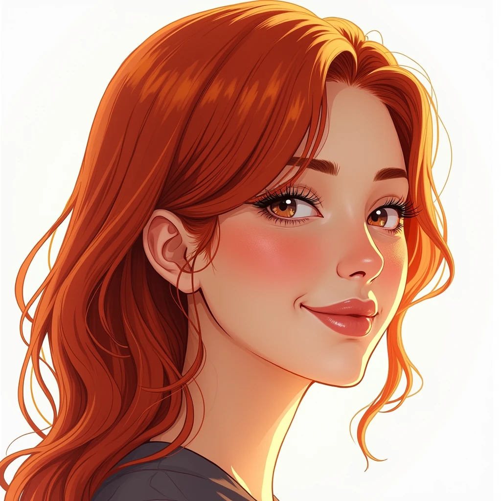 large close-up of the woman's face over the entire surface, woman in profile, red-haired, smiling, looking at the camera, the whole face is sharp, it is on a white background