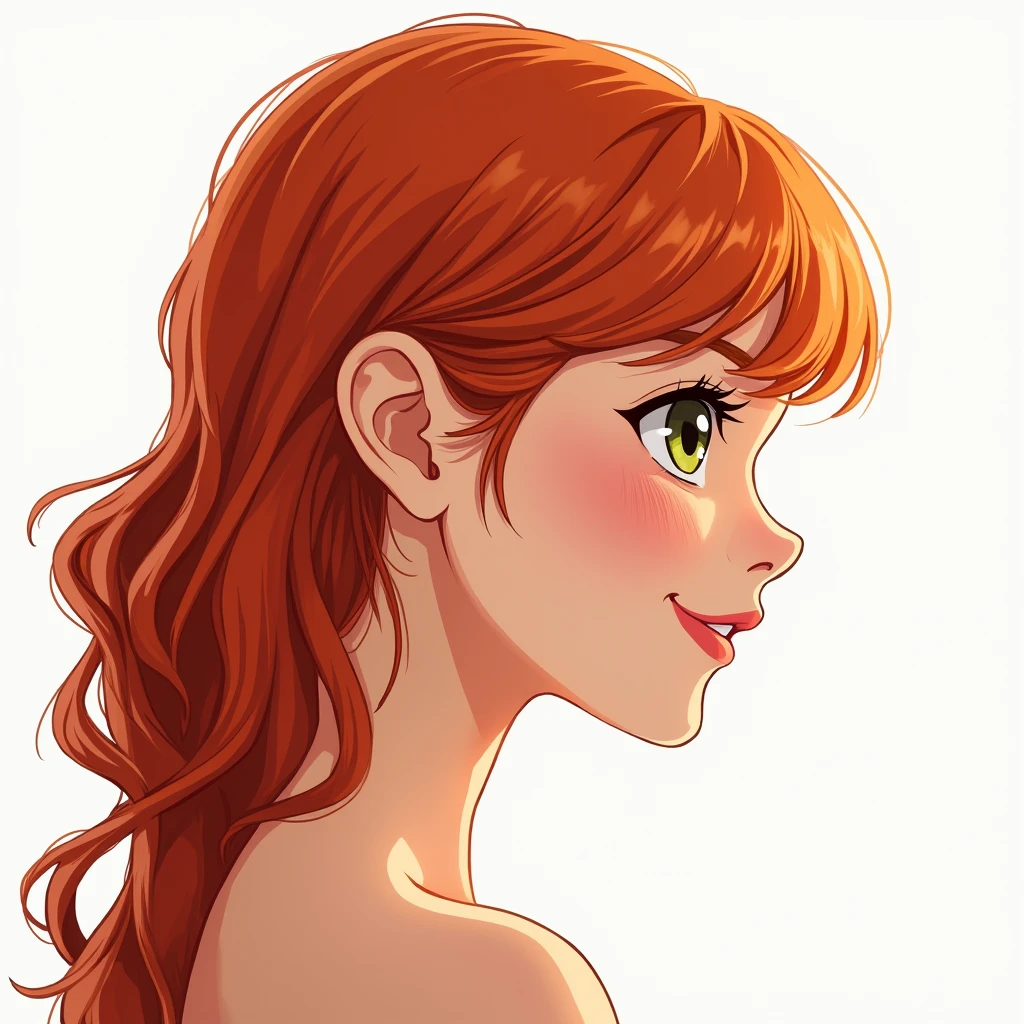large close-up of the woman's face over the entire surface, woman in profile, red-haired, smiling, looking at the camera, the whole face is sharp, it is on a white background