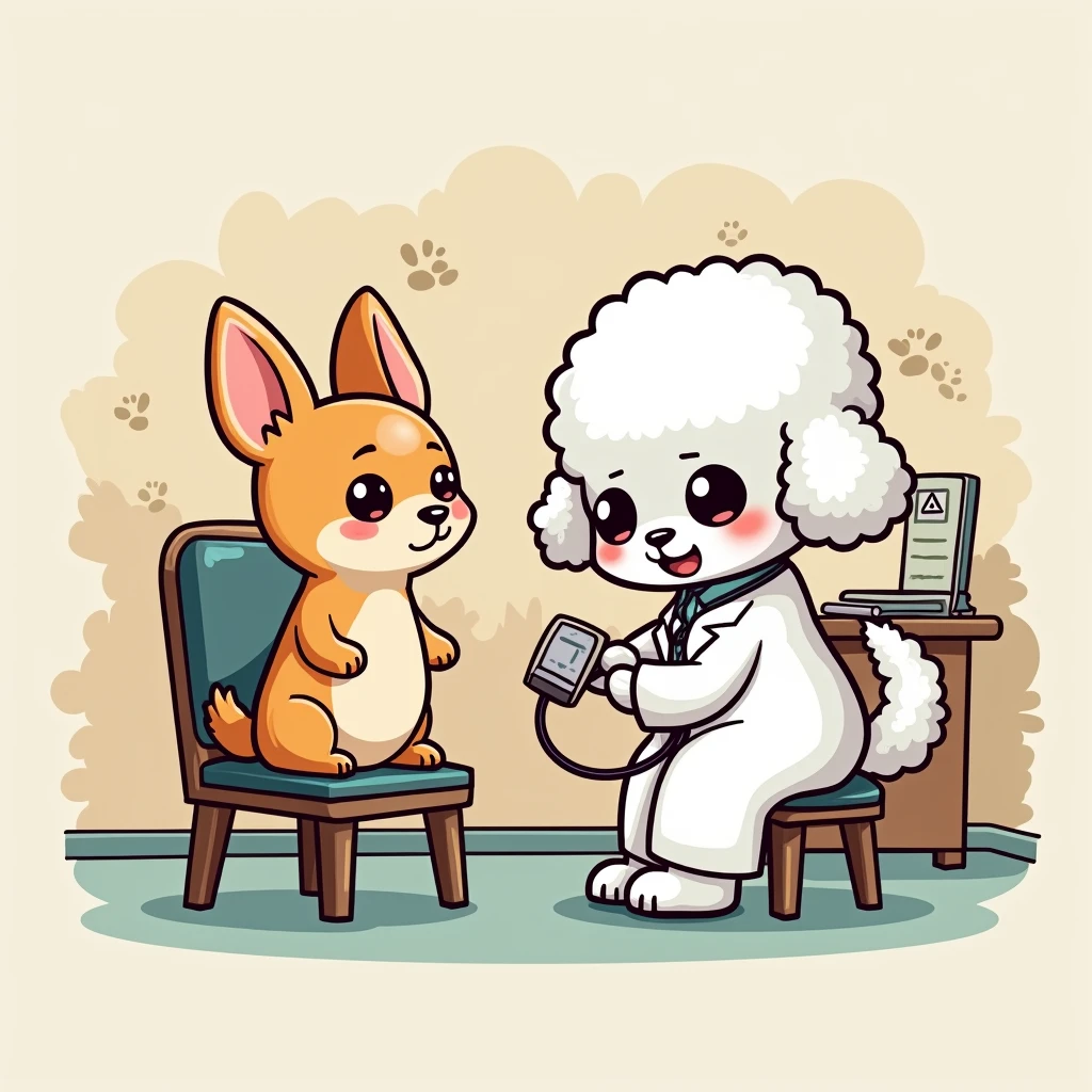 Chibi Style, 2-panel cartoon, dot halftone, Flat Color, Chihuahua patient listening to toy poodle doctor, In the examination room,Sitting in a chair
